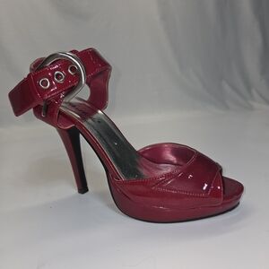 Herstyle Glossy Red Stiletto Heels with Ankle Strap